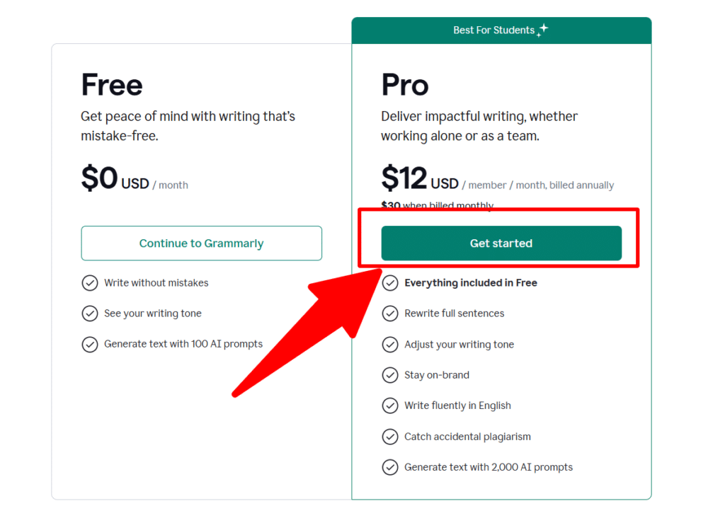 Select Grammarly plan